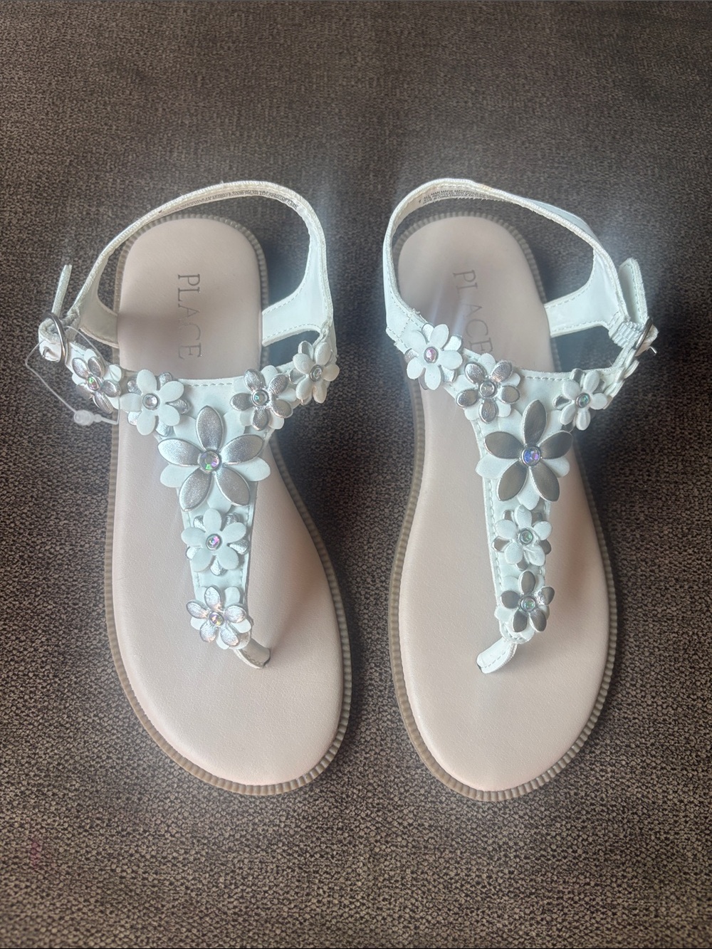 The Children's Place White Floral T-Strap Sandals with Jewel Accents